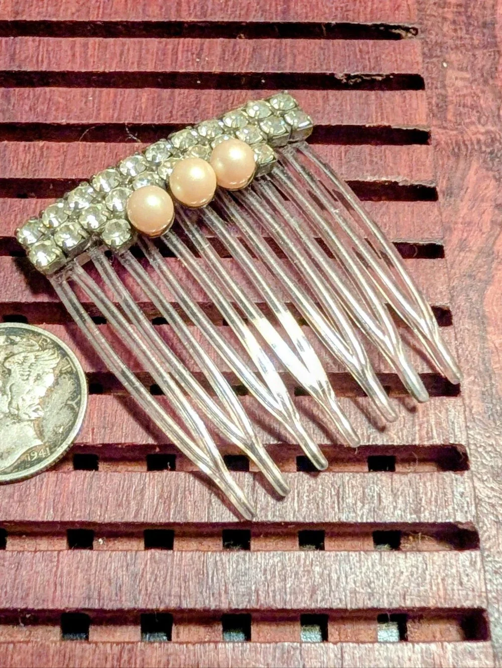 Vintage Rhinestone & Pearl Hair Comb - Pink Pearls, Silver Tones